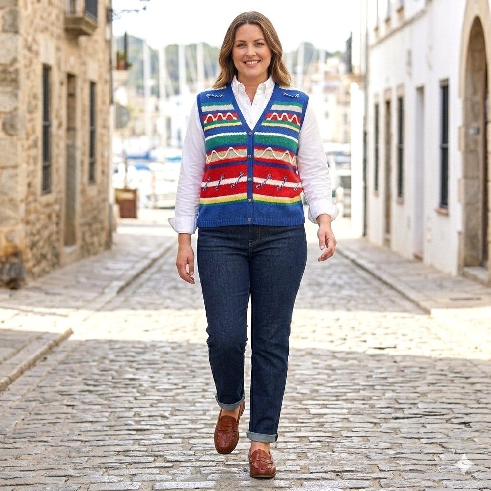 Vintage Susan Bristol Nautical Sweater Vest Rope Stripe Coastal‎ Grandmacore L